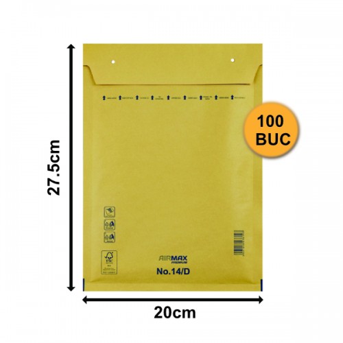 Set 100 bucăți Plicuri cu Bule Antișoc D14 Maro, 200x275+50mm, Plic cu Lipire Autoadezivă