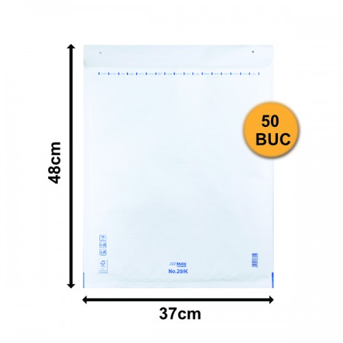 Set 50 bucăți Plicuri cu Bule Antișoc K20 Albe, 370x480+50mm, Plic cu Lipire Autoadezivă
