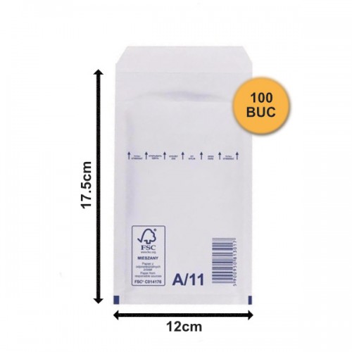 Set 100 bucăți Plicuri cu Bule Antișoc A11 Albe, 120x175+50mm, Plic cu Lipire Autoadezivă