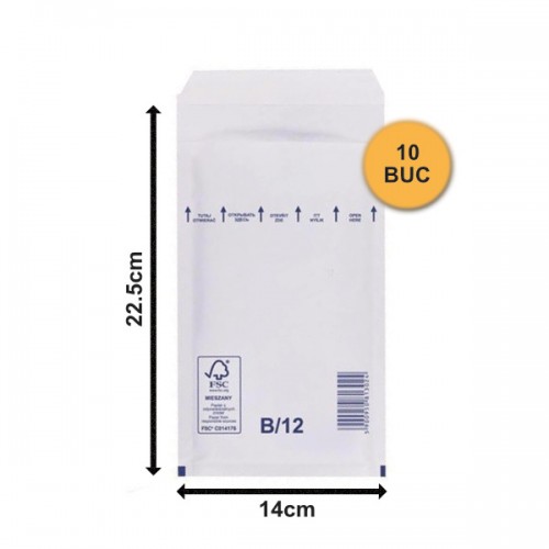 Set 10 bucăți Plicuri cu Bule Antișoc B12 Albe, 140x225+50mm, Plic cu Lipire Autoadezivă