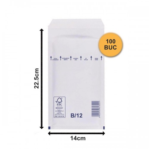 Set 100 bucăți Plicuri cu Bule Antișoc B12 Albe, 140x225+50mm, Plic cu Lipire Autoadezivă