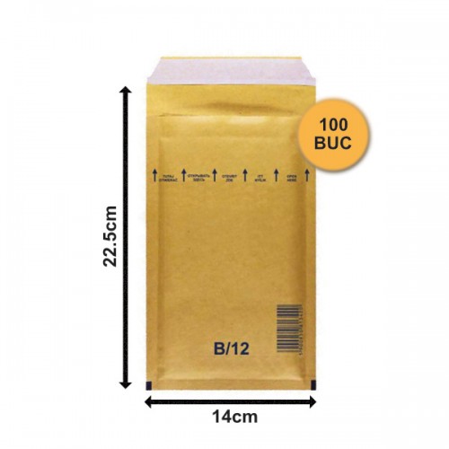 Set 100 bucăți Plicuri cu Bule Antișoc B12 Maro, 140x225+50mm, Plic cu Lipire Autoadezivă