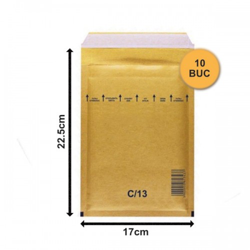 Set 10 bucăți Plicuri cu Bule Antișoc C13 Maro, 170x225+50mm, Plic cu Lipire Autoadezivă