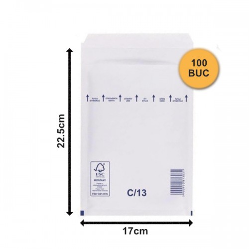 Set 100 bucăți Plicuri cu Bule Antișoc C13 Albe, 170x225+50mm, Plic cu Lipire Autoadezivă