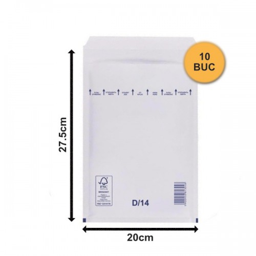 Set 10 bucăți Plicuri cu Bule Antișoc D14 Albe, 200x275+50mm, Plic cu Lipire Autoadezivă