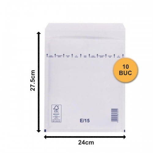 Set 10 bucăți Plicuri cu Bule Antișoc E15 Albe, 240x275+50mm, Plic cu Lipire Autoadezivă