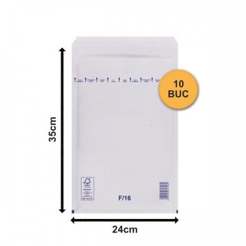 Set 10 bucăți Plicuri cu Bule Antișoc F16 Albe, 240x350+50mm, Plic cu Lipire Autoadezivă